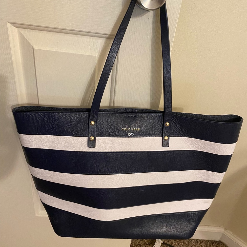 Cole Haan large leather tote, navy and white striped